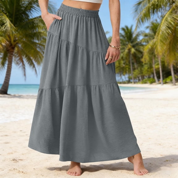 Tqcoqu Women's High Waist Flowy Maxi Skirt Pleated Casual Long Skirt with Pockets,Gray,Women's S-XXL