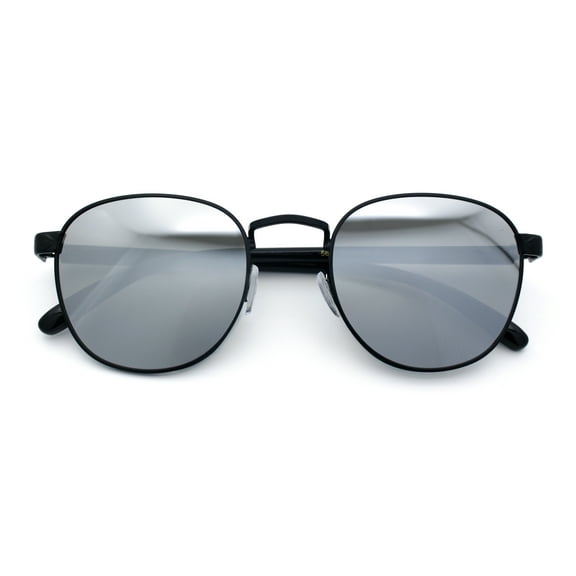 Boho Normcore Windsor Metal Rim Rectangular Round Hipster Sunglasses Black - Silver Mirror