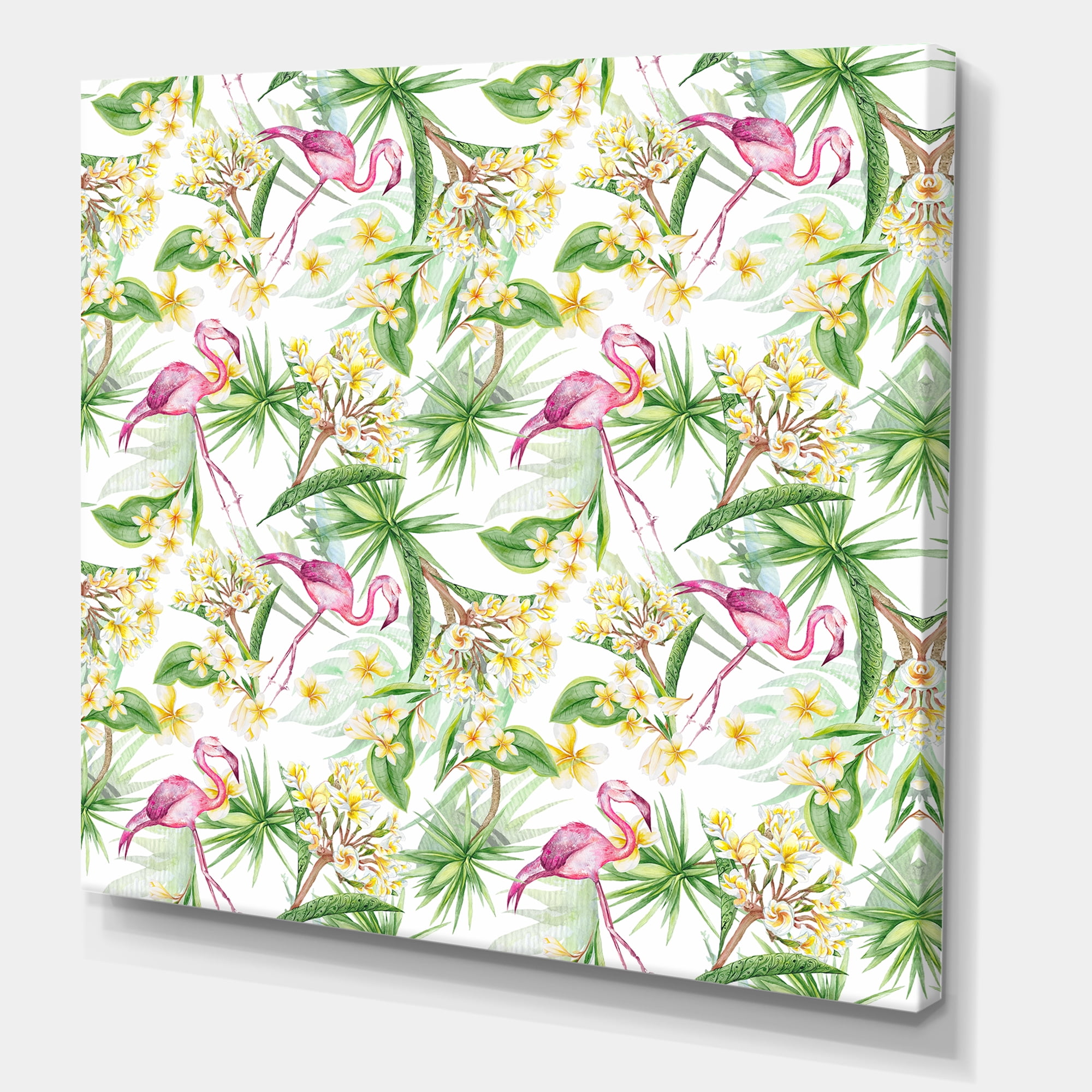 Designart ' Yellow Flowers, Tropical Foliage With Flamingo IV ' Modern Canvas Wall Art Print