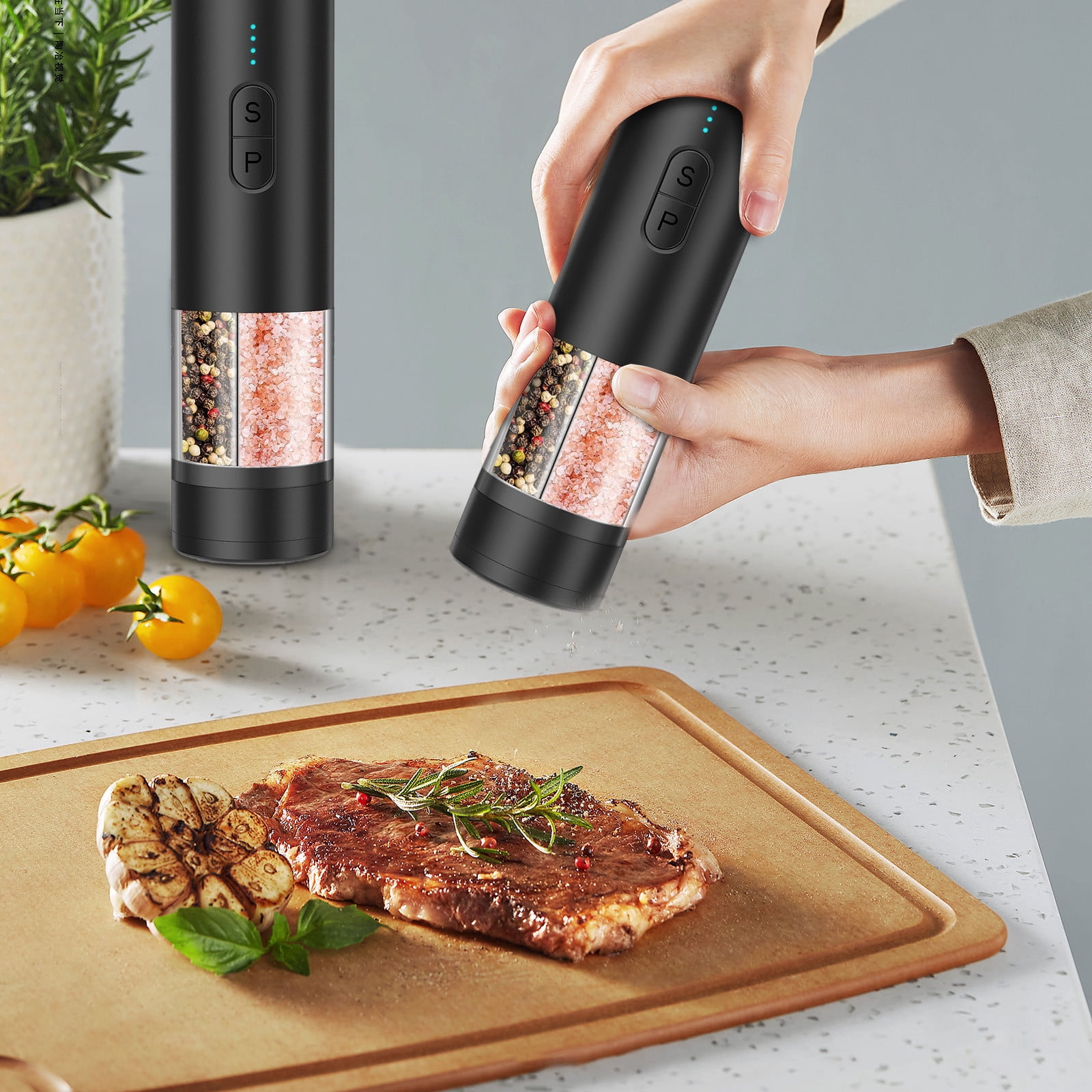 Seasoning And Pepper Grinder Set 2 In 1 USB Rechargeable Automatic And Pepper Mill Shakers With LED Light Battery Display Adjustable Coarseness Ideal For Kitchen