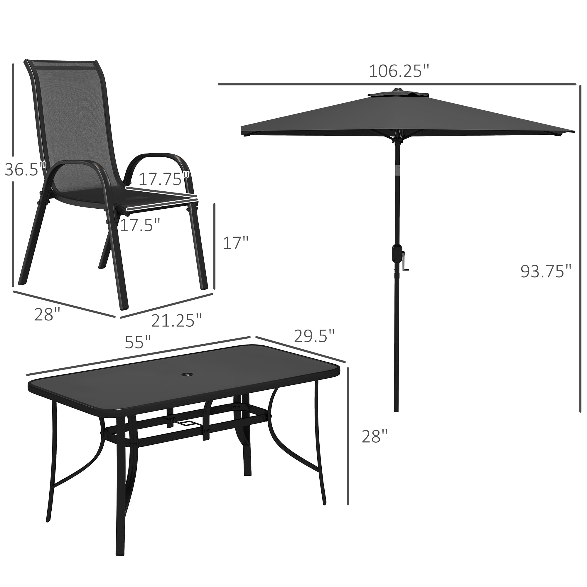 Outsunny 8 Piece Patio Furniture Set with Umbrella, Outdoor Dining Table and Chairs, 6 Chairs, Push Button Tilt and Crank Parasol, Glass Top, Black