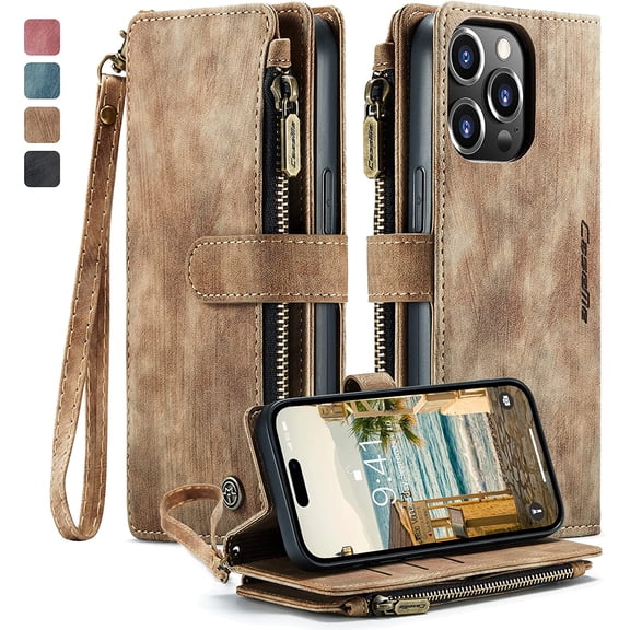 Case for iPhone 14 Pro Max, Flip Leather Wallet Case with 10 Card Slot Holder Zipper Pocket Kickstand Magnetic Closure Shockproof Flip Folio Cover for iPhone 14 Pro Max 5G 6.7 inch 2022 (Brown)