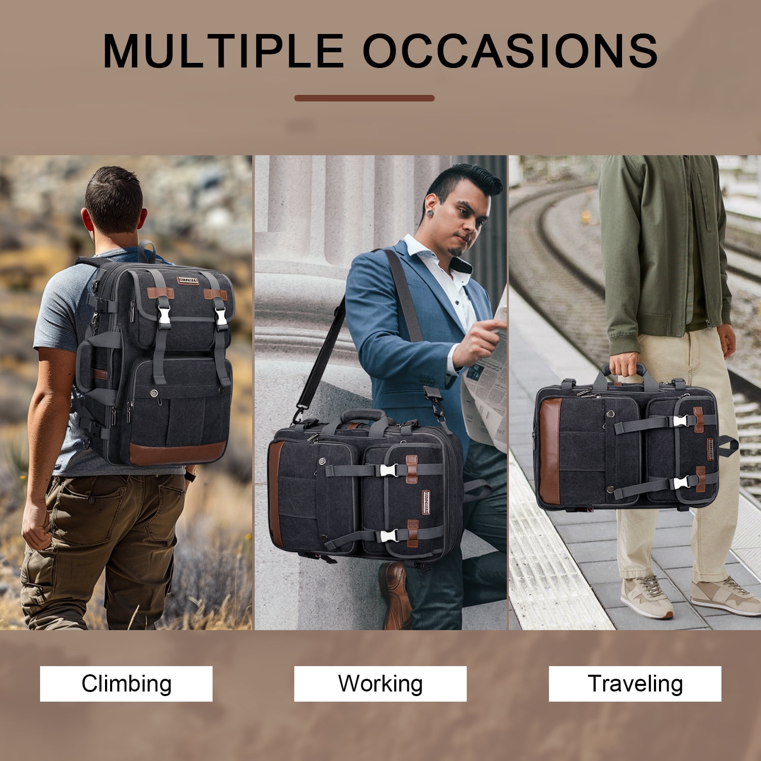 WITZMAN Canvas Travel Backpack for Men Women Expandable Large Carry on Duffel Bag Backpack for Airplane Fit 17 inch Laptop (A6617-3 Black)