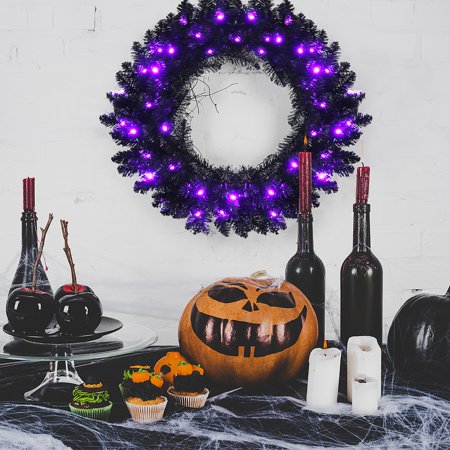 Costway - 24inch Pre-lit Christmas Halloween Wreath w/ 35 Purple LED Lights - Black