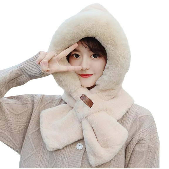 ZQUUVOU Women's Winter Hooded Scarf Fluffy Beanie Hats Thicken Plush Warm Solid Color Hat Scarf Neck Scarf Earmuffs Hat Beige
