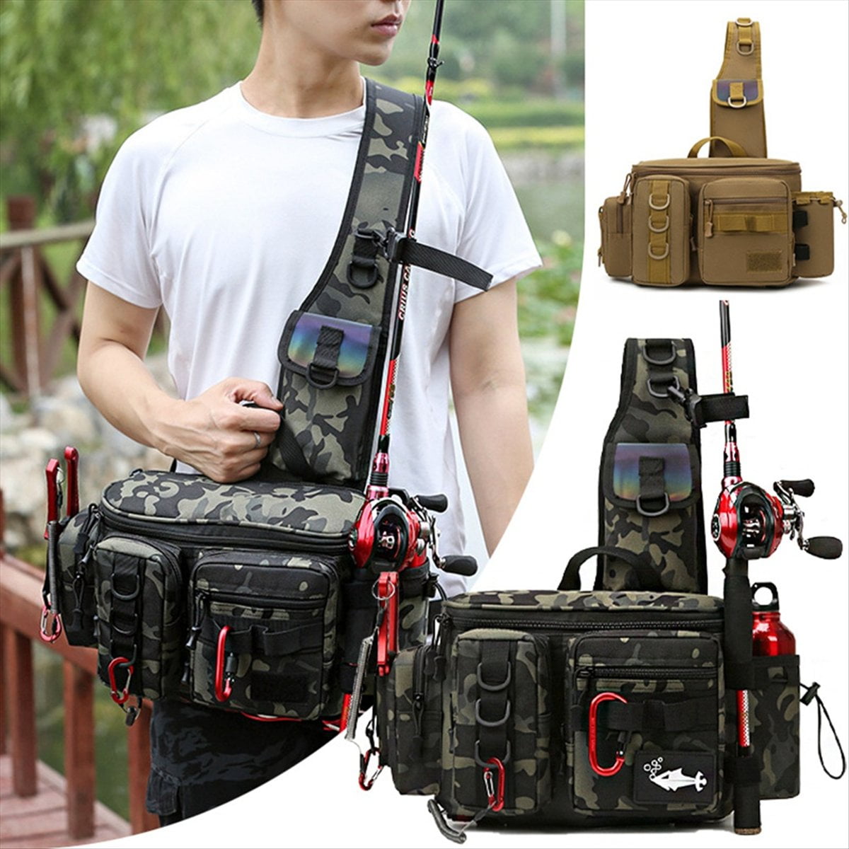 Fishing Tackle Backpack Lure Box Gear Storage Bag Fanny Pack Fly Fishing Backpack with Rod Holder Sling Shoulder Bag-C