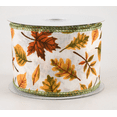 thumbnail image 1 of 2.5"x10yd Fall Leaves on Cream , Orange and Green Leaves, Wired Edge Fall RibbonRJ25840-08, 1 of 2