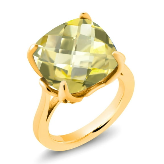 Gem Stone King 18K Yellow Gold Plated Silver Yellow Lemon Quartz and White Lab Grown Diamond Engagement Ring for Women (9.10 Cttw, 14MM Cushion Checkerboard, Size 5)
