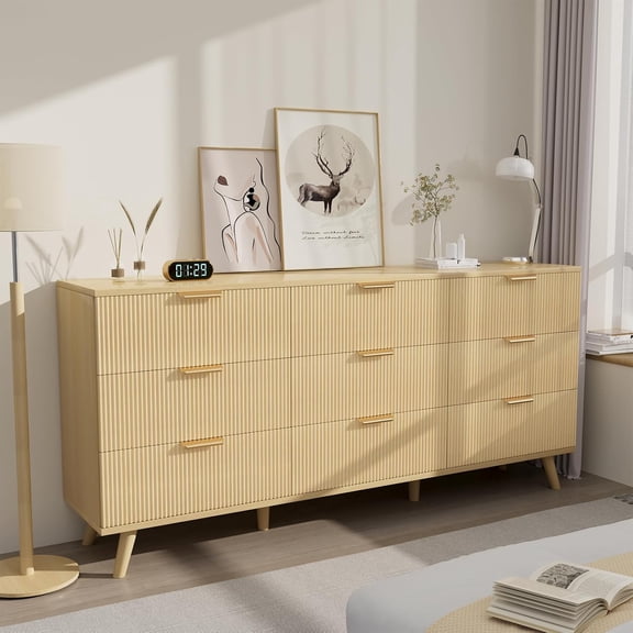 9-Drawer Dresser for Bedroom, 63" Wide Modern Chest with Fluted Detailing, Light Wood Boho Dresser and TV Stand, Stylish Storage Organizer for Living Room, Hallway, or Closet, Natural