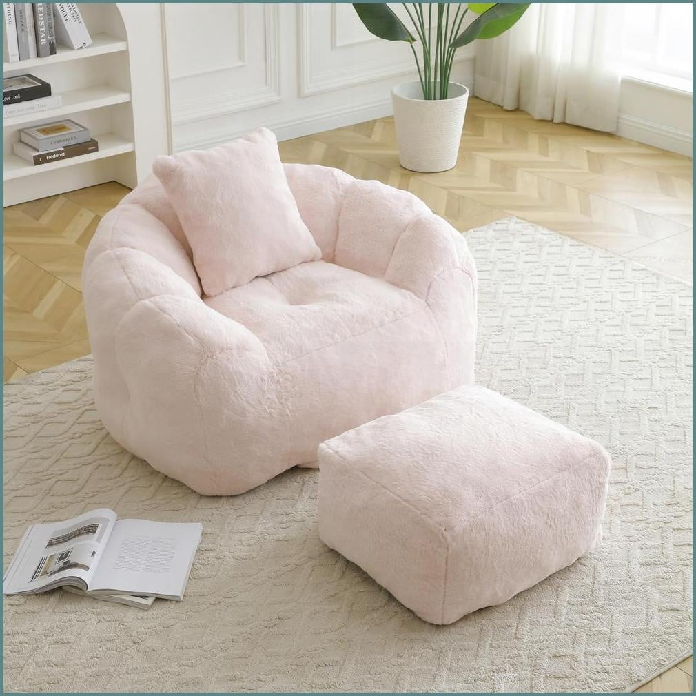 Oversized Faux Fur Bean Bag Chair with Footstool – Lazy Sofa for Adults & Kids | Faux Fur | Curved