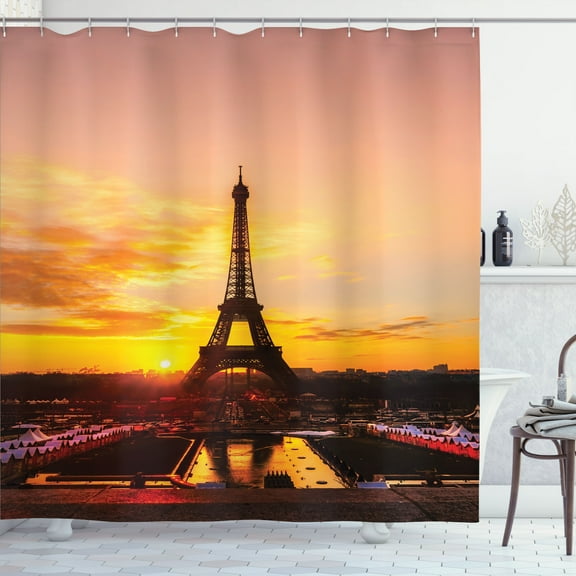 Ambesonne Eiffel Tower Shower Curtain, Sun View Old Paris, 69"Wx70"L, Marigold Rose Brown