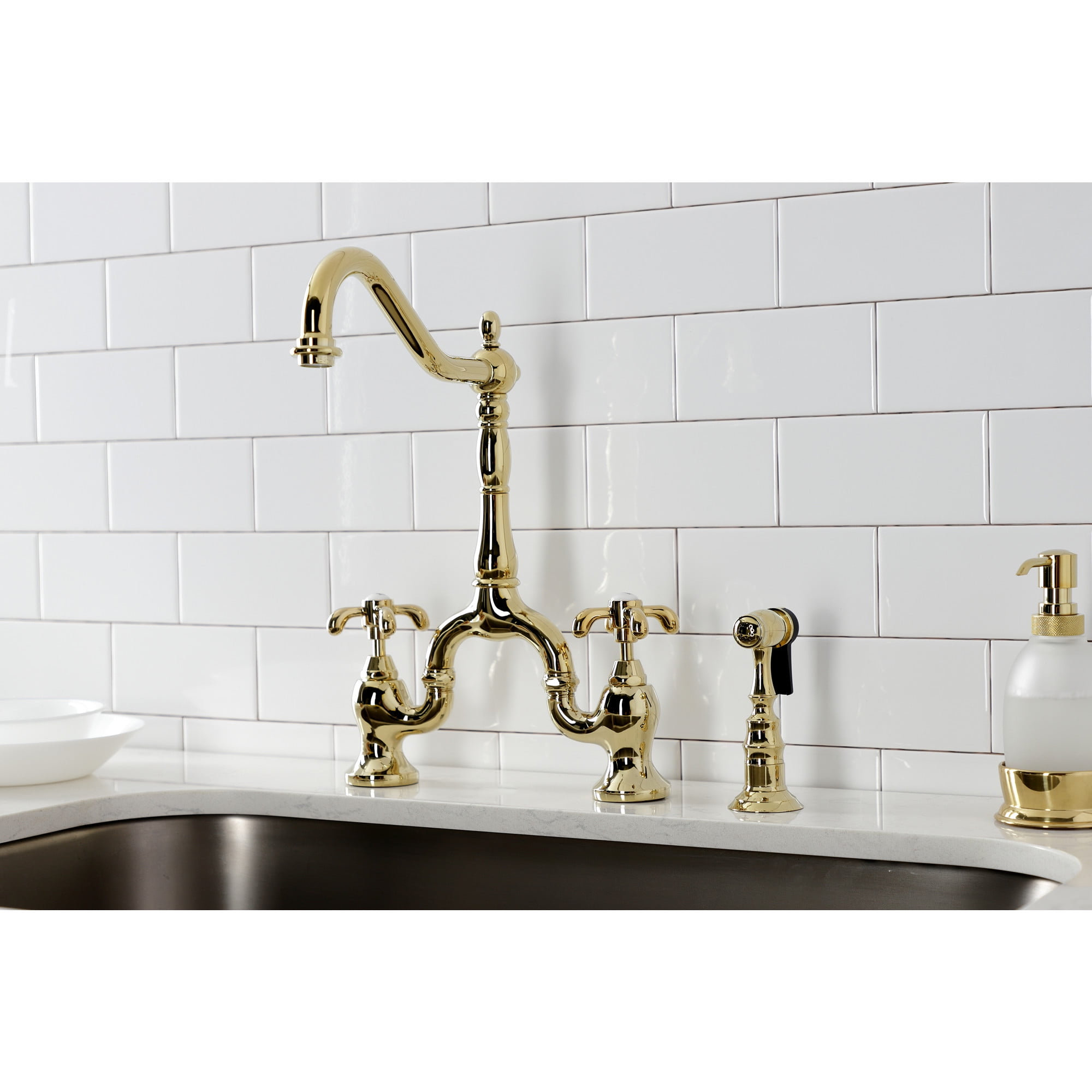 Kingston Brass KS7752TXBS French Country Two-Handle 3-Hole Deck Mount Bridge Kitchen Faucet with Brass Side Sprayer in Polished Brass