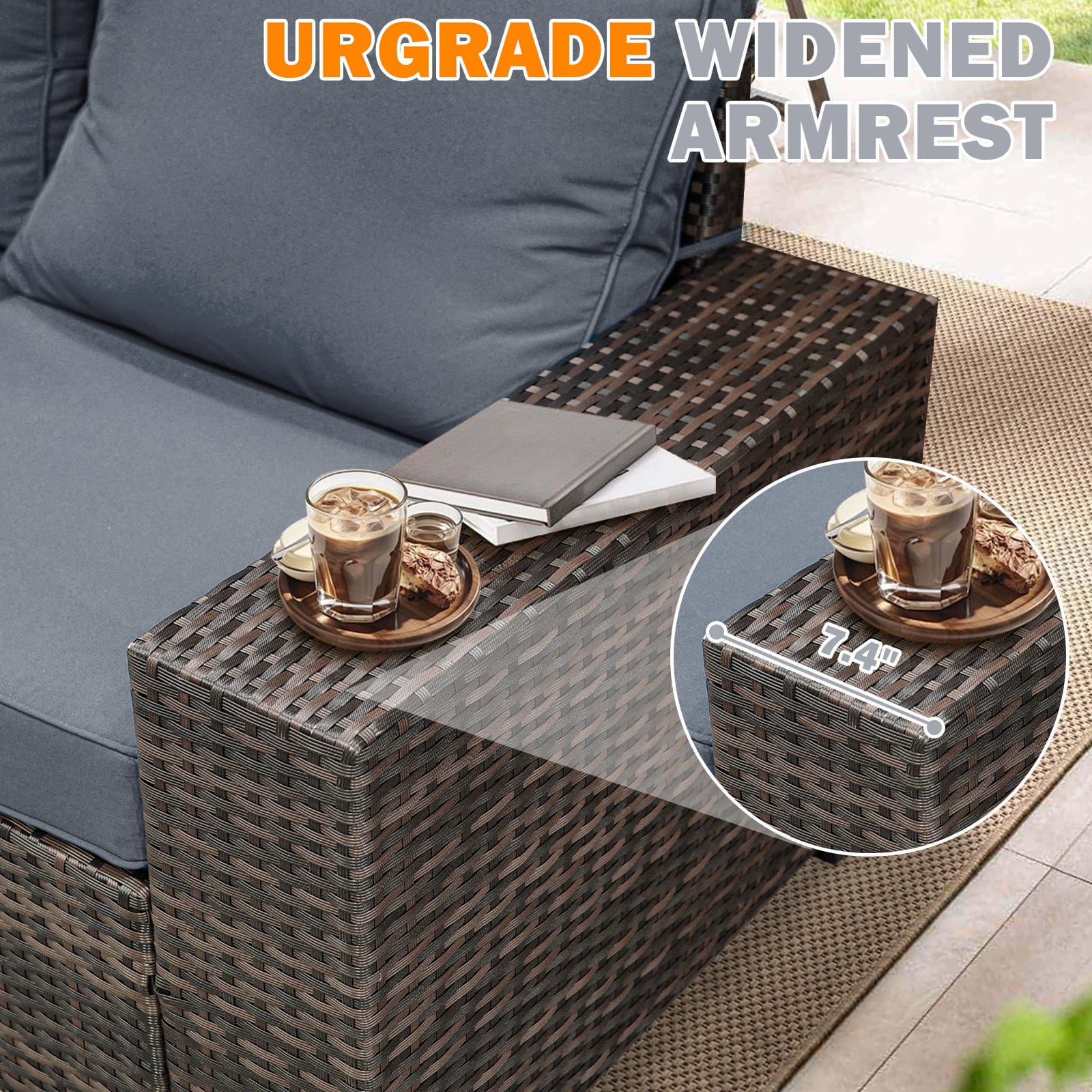 TerraRelax 5 Pieces Patio Furniture set All-Weather Outdoor Wicker Sectional Conversation Sofa Rattan patio seating sofa with cushion and Glass Table and Ottoman for Porch Poolside,GREY