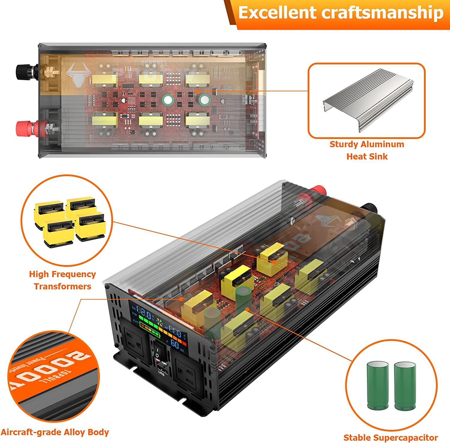 2000 Watt Power Inverter, Car/Outdoor 12V DC to 110V AC Converter, with LED Display, Dual AC Outlets, USB Port, Dual Smart Fans, Cables Included, Suitable for RV, Outdoor, Camping, Boat, Emergency
