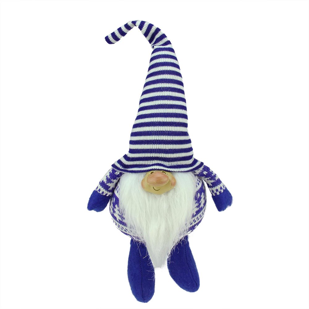 12.5" Bearded Blue and White Chubby Smiling Gnome w/ Stripe Hat Plush