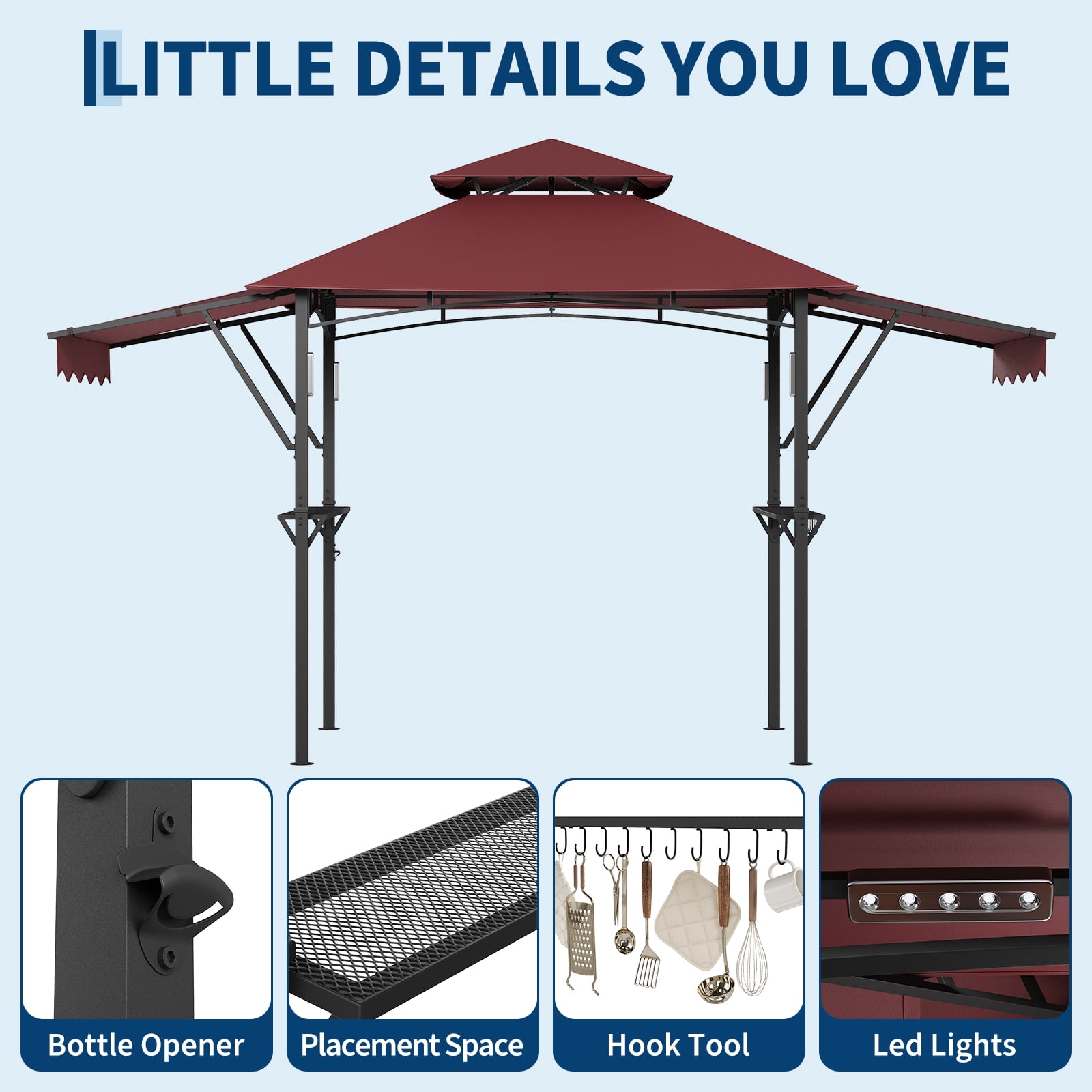Kicctian 8x5 ft Heavy Duty Grill Gazebo for Outdoor BBQ, Double-Tier Steel Patio Shelter with Adjustable Dual Side Awnings, 2 Utility Shelves, Hooks and 4 LED Lights, for Backyard, Camping, Wine Red