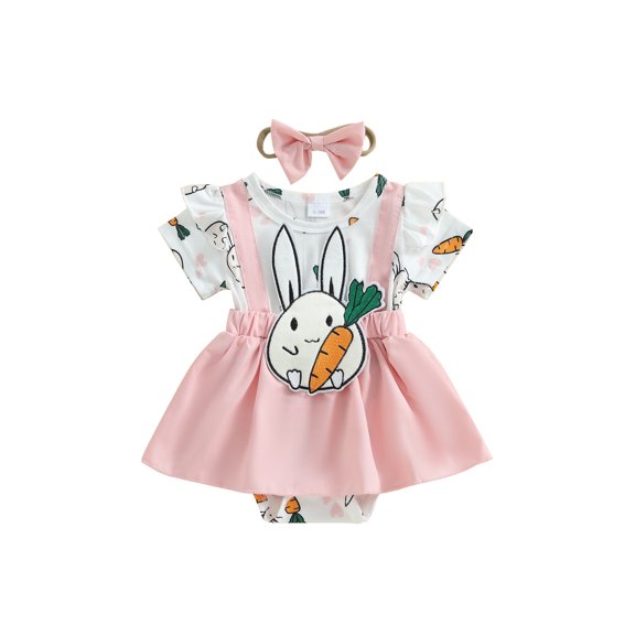 Baby Toddler Girls Rompers Dress Easter Clothes 3 6 9 12 18 Months Short Sleeve Rabbit Carrot Embroidery Skirt Hem Bodysuits Jumpsuits with Headband