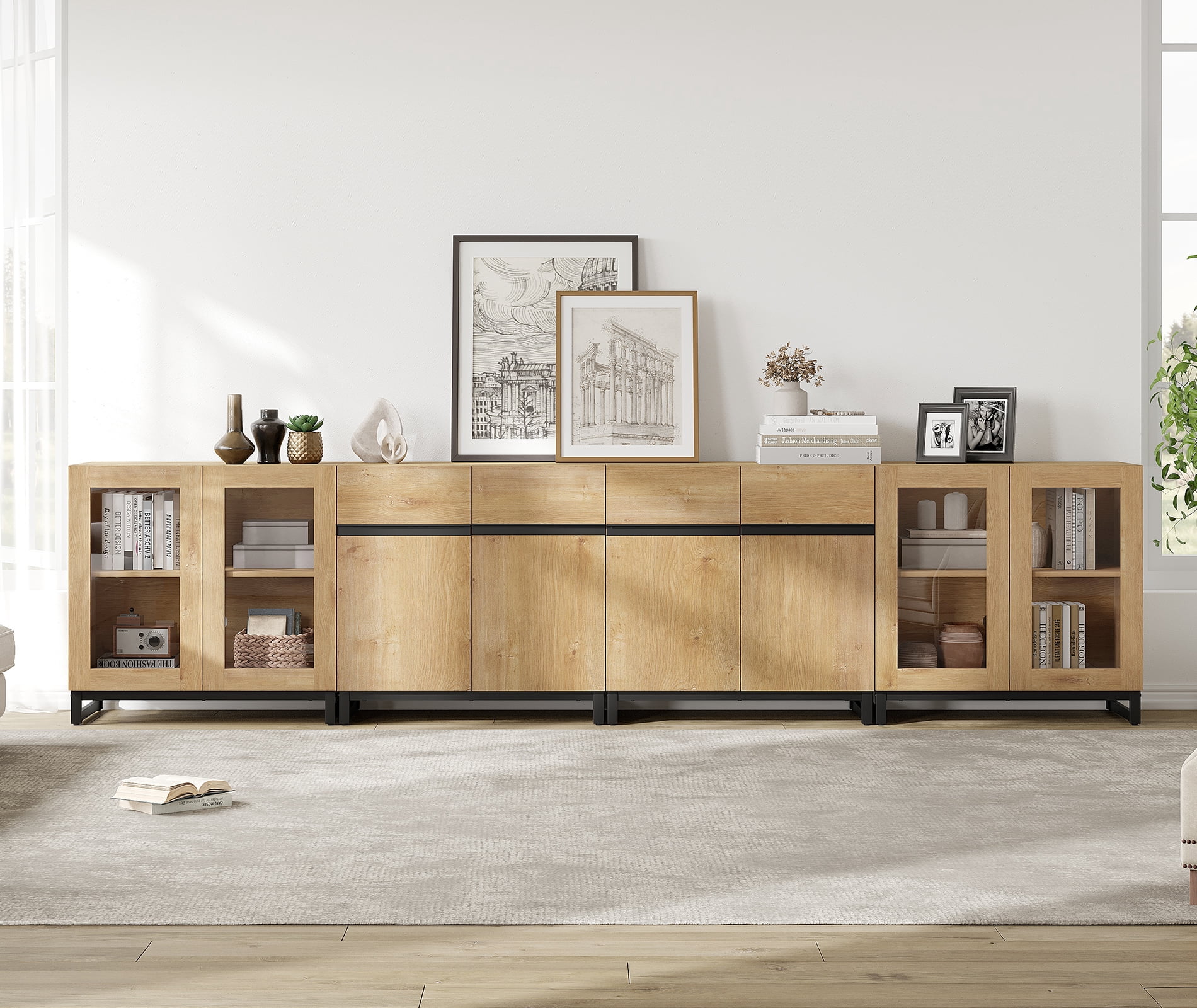 Modern 4-in-1 Storage Chest, Multifunctional Dresser with Glass Doors & Adjustable Shelves, Versatile Closet Organizer Cabinet for Bedroom Living Room,Oak