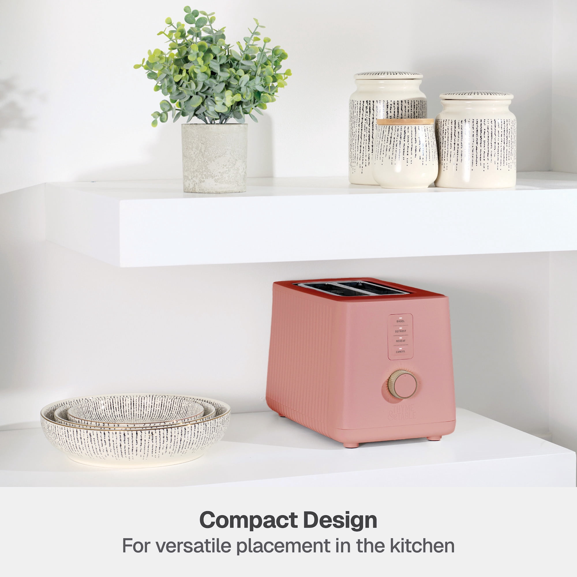 Thyme & Table 2-Slice Toaster, Extra-Wide Slots with Removable Crumb Tray, Faded Rose