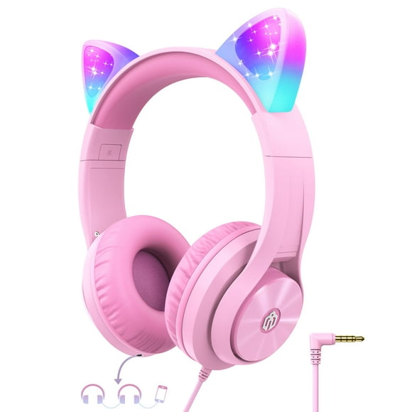 Auriculares iClever para niños con orejas de gato, LED, se iluminan Meow Donut