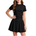 thumbnail image 2 of SROBPTY Teen Girls Dresses Solid Crew Neck Short Sleeve Pleated A Line Mid-Length Sundress for 5-15Y, 2 of 4