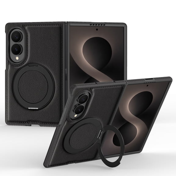 Magnetic Stand Case for Samsung Galaxy Z Fold8, with 360° Rotatable Ring Holder, Compatible with MagSafe, Business PU Leather Slim Shockproof Cover for Samsung Galaxy Z Fold8, Black