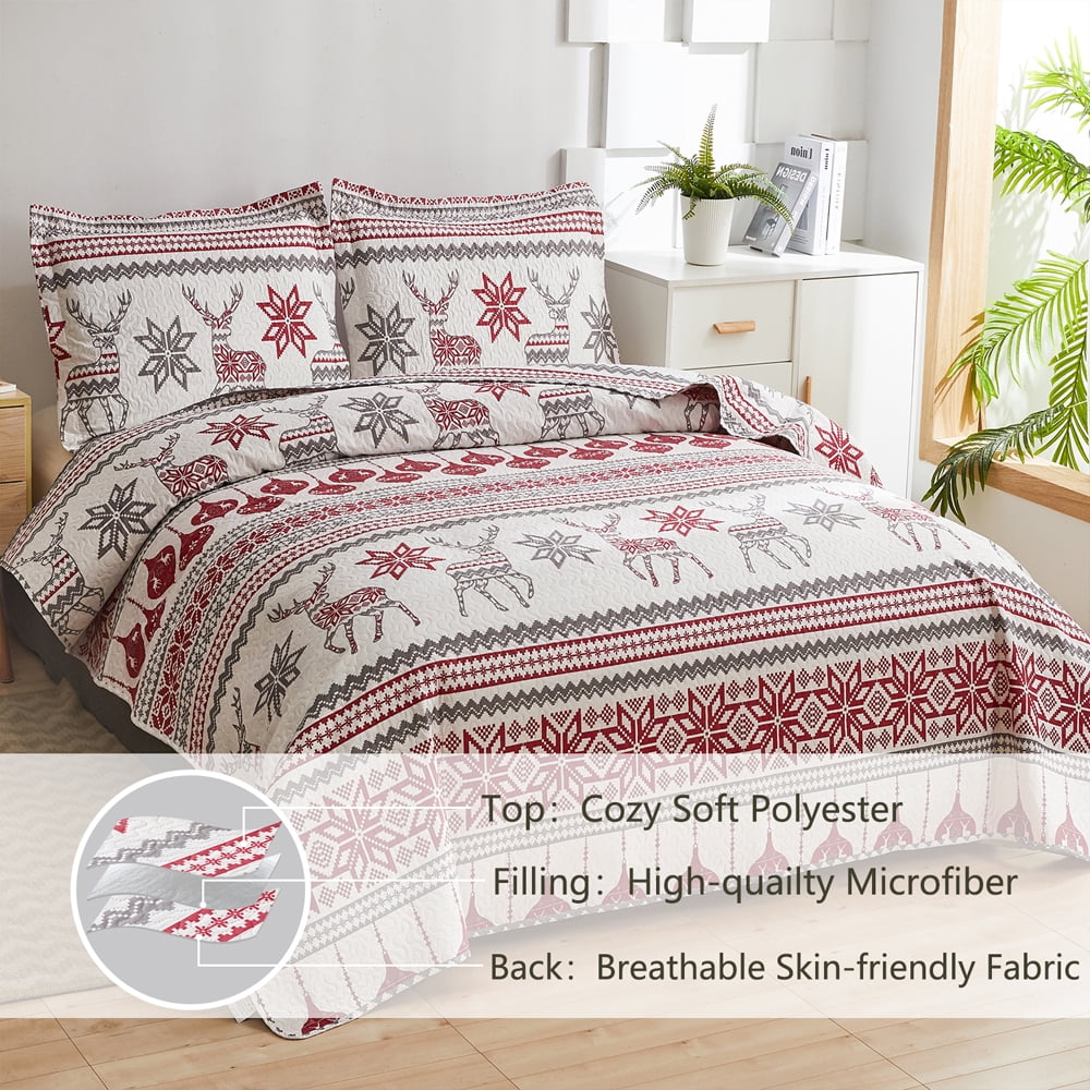 Green Essen Christmas Quilts Twin Size Reindeer Xmas Bedspread Snowflake Bedding Stripe Coverlet Red White Lanterns Christmas Decor