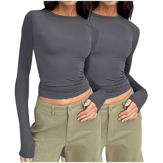 Pisexur 2 Pcs Hauts d'Automne pour Femmes Manches Longues Hauts pour Femme Mode T-Shirts Courts Col Rond Décontractés Ajustés Blouses Unies Chandail Tops Basiques T-Shirts d'Automne