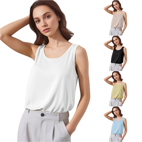 Rggeeun Womens Tank Tops Solid Color U Neck Wide Strap Vest Elastic Relaxed Fit Waist Draping Soft for Summer Training Classic Tops,White,Xl