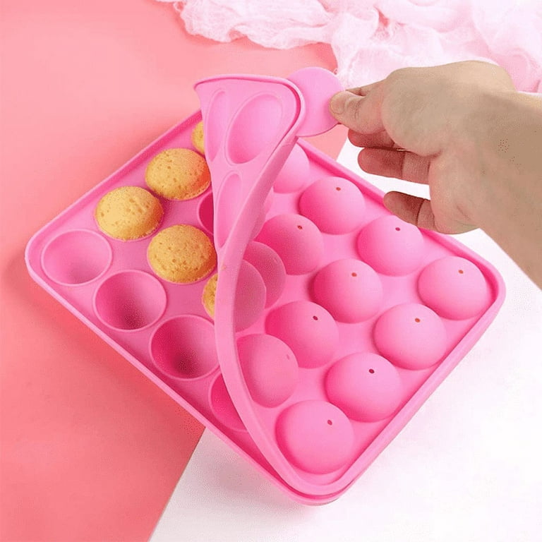 Silicone Cake Pop Baking Pan, 20 Round Shapes Silicone Lollipop Mold Tray Cake Silicone Mold for Cupcake, Pink