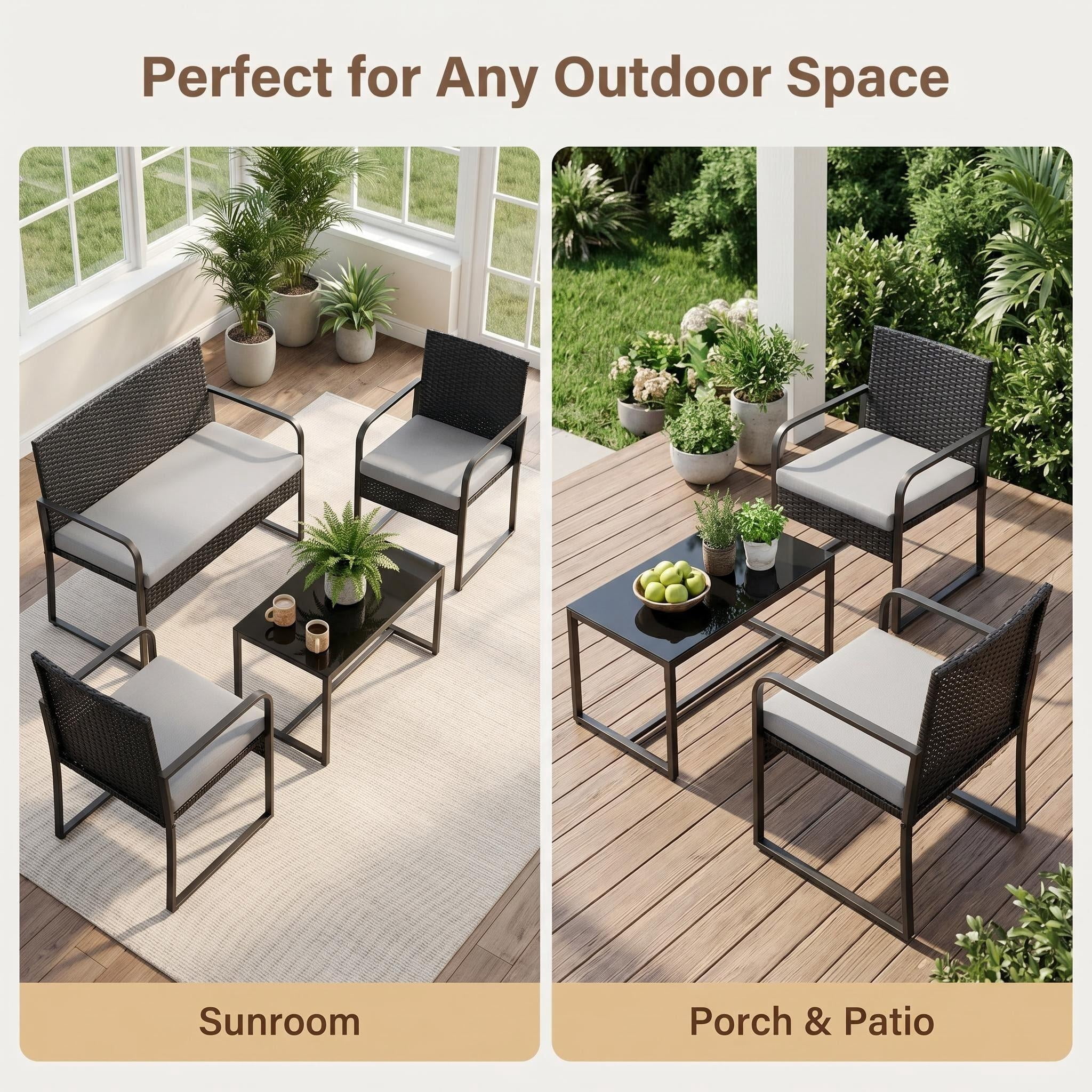 Patio Furniture Set for 4, Outdoor Bistro Set with Textilene Rocking Chairs, Loveseat and Glass Table for Backyard Porch, White
