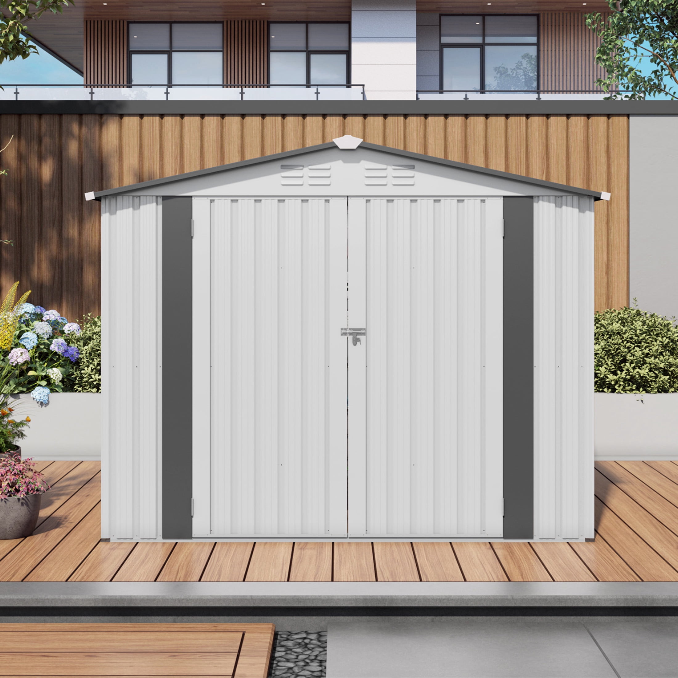 Noble House 8 x 6 FT Metal Storage Shed with Lockable Double Doors, Window and Vents, White + Gray
