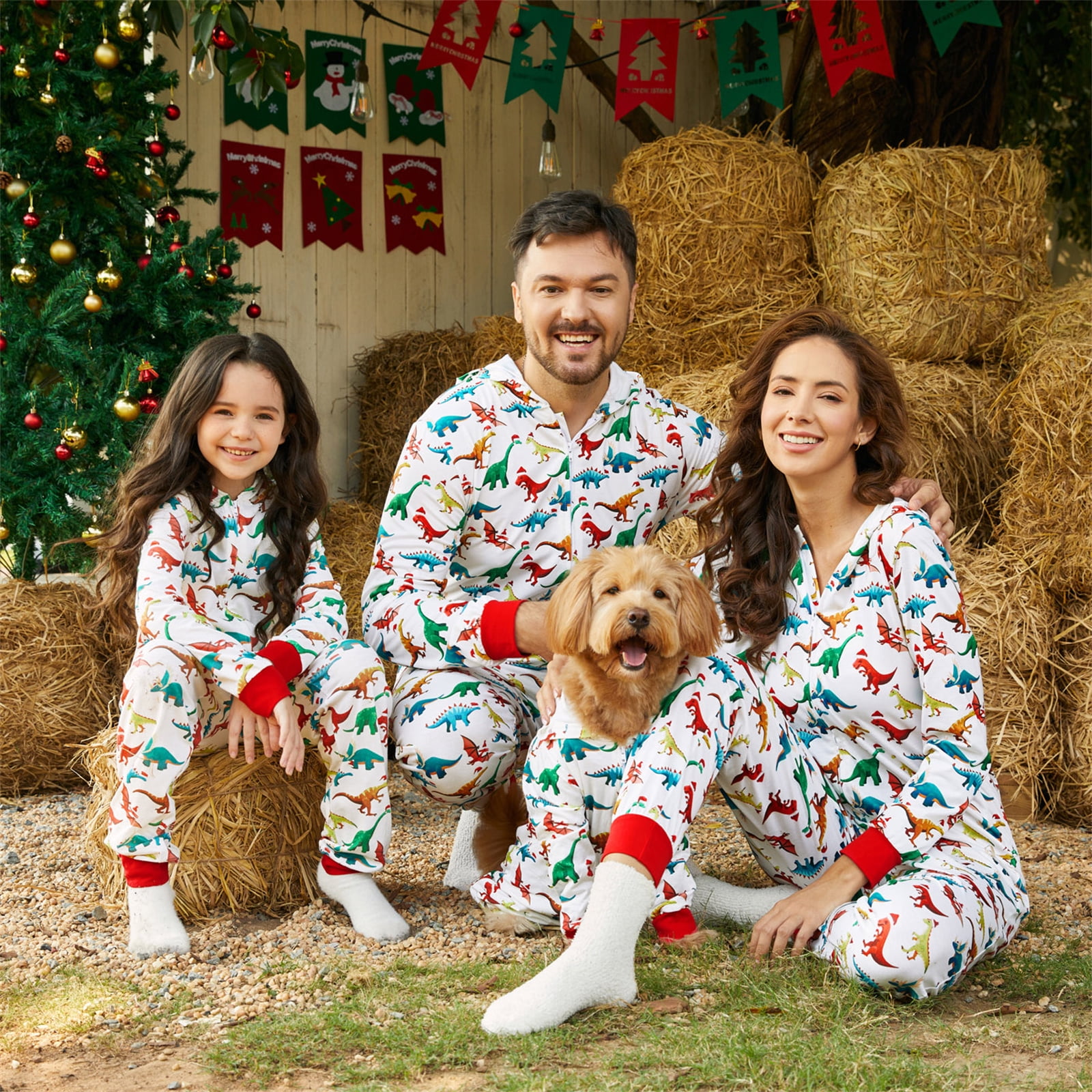 PatPat Girls Boys Pajamas Christmas Dinosaur Costume Family Pjs Matching Set Green Hooded Sleep Union Suit One Piece Walmart