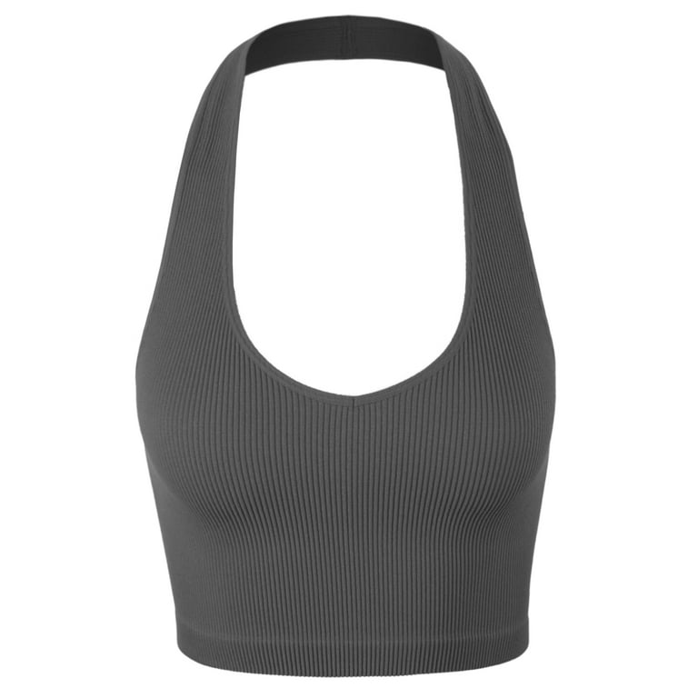 A2Y Women's Seamless Ribbed Nylon Halter Tank Tops Ash Grey LXL