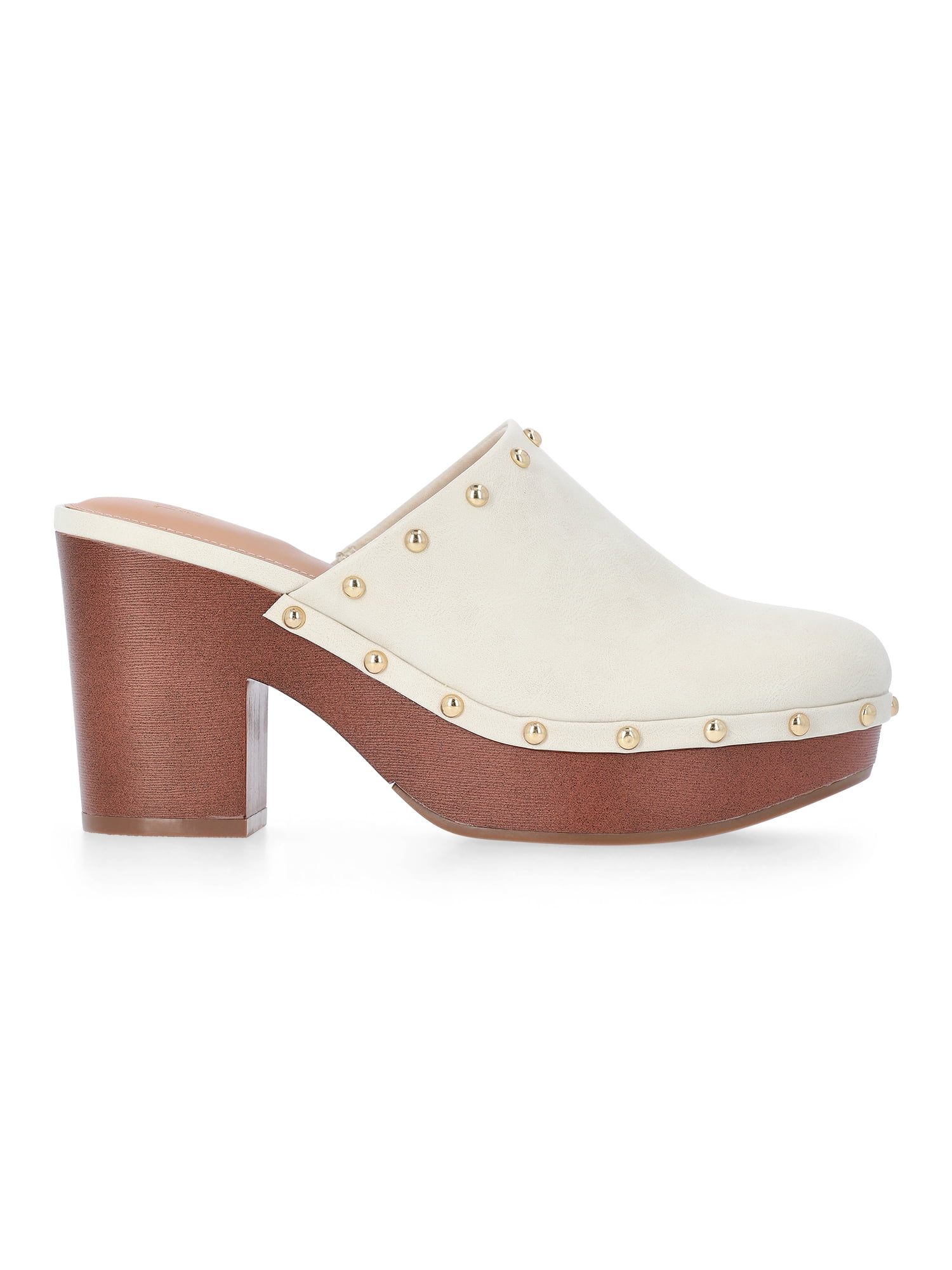 Time and Tru Women's Faux Leather Studded Clogs with Block Heels