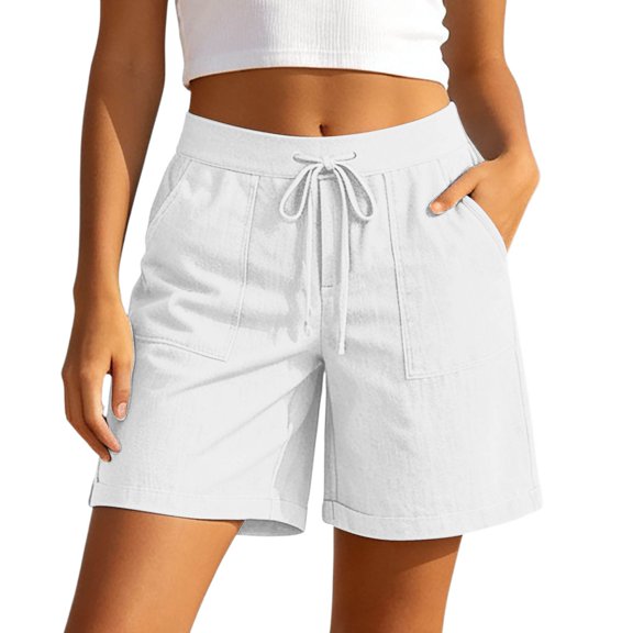 Gtoiithly Women's Summer Elastic High Waist Drawstring Wide Straight Leg Relaxed Fit Casual Shorts with Deep Pockets White XL