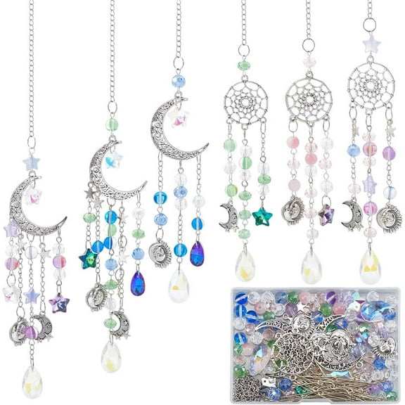 1 Box DIY 6 Sets Car Charms Making Kit Car Charm Ornament Moon Suncatchers Glass Hanging Charms Hanging Car Charm Star Teardrop Beads Car Hanging Ornament