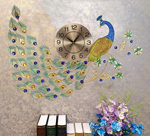Ebros 30" Wide Large Iridescent Peacock Gold Plated Metal Wall Clock Analog Face 