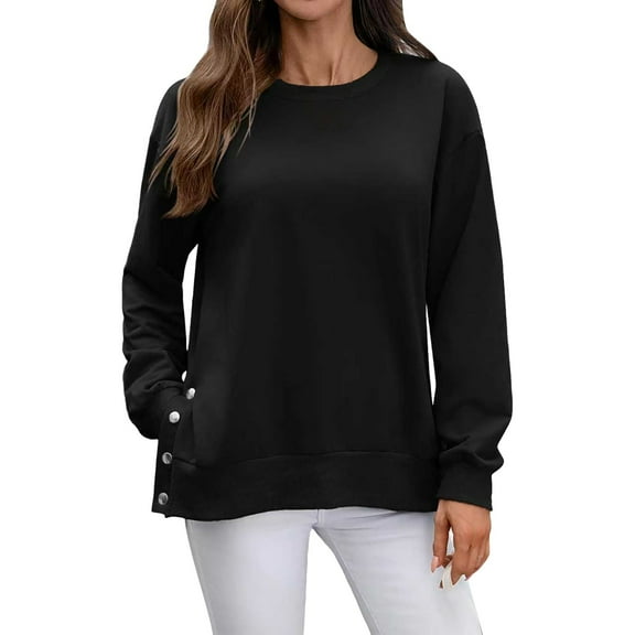 Women's Side Slit Button Detail Round Neck Sweatshirt, Autumn Winter Solid Color Casual Long Sleeve Pullover Top with Soft Cotton Polyester Blend for Comfortable Relaxed Fit and Street Fashion Black