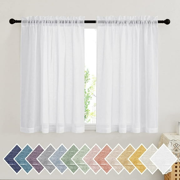 Bathroom Window Curtains, Rod Pocket Semi Sheer Linen Drapes Short Small Curtains Privacy with Light Filtering for Kitchen/Nursery, White, W52 x 45", 2 Panels