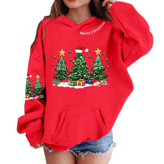 Little Girls Hoodies Christmas Hooded Sweatshirt Long Sleeve Printed Pullover Loose Fit Pullovers Tops Size 7-8T ,Red
