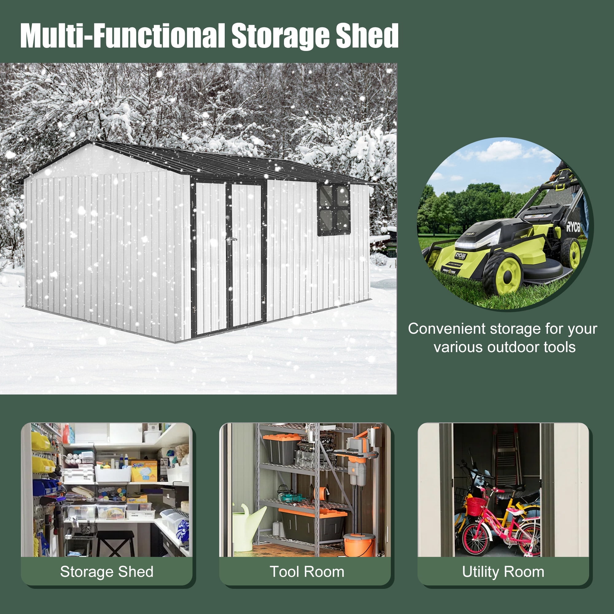 Aukfa 10 x 12FT Outdoor Storage Shed with Lockable Door, Metal Garden Tool Shed with Window & Sloped Roof for Backyard, Patio and Backyard, White/Black