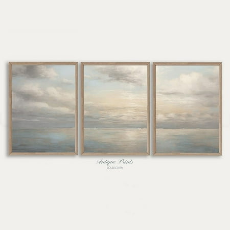 UNFFRAMED Muted Coastal Wall Art, Neutral Seascape, Vintage Calm Beach Wall Art, Antique Mediterranean Split Set Posters Set 3 Prints 16x24