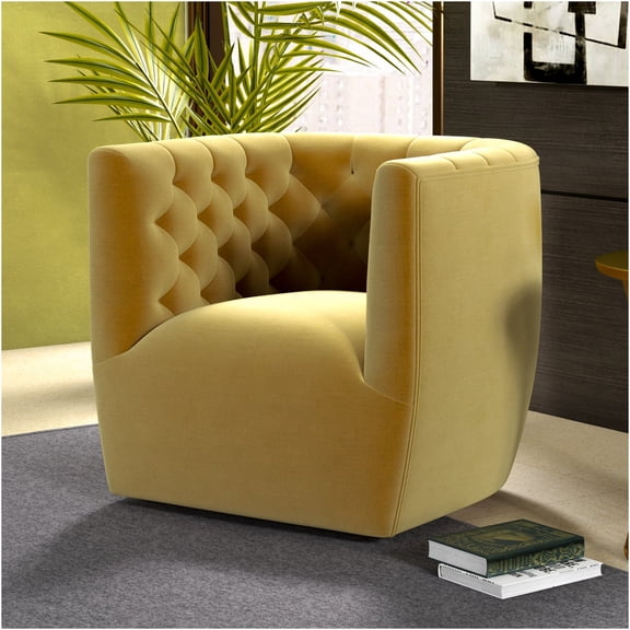 JERFIT Modern Velvet Swivel Accent Chair with Tufted Back, Gold Lounge Chair for Living Room, Bedroom, Office