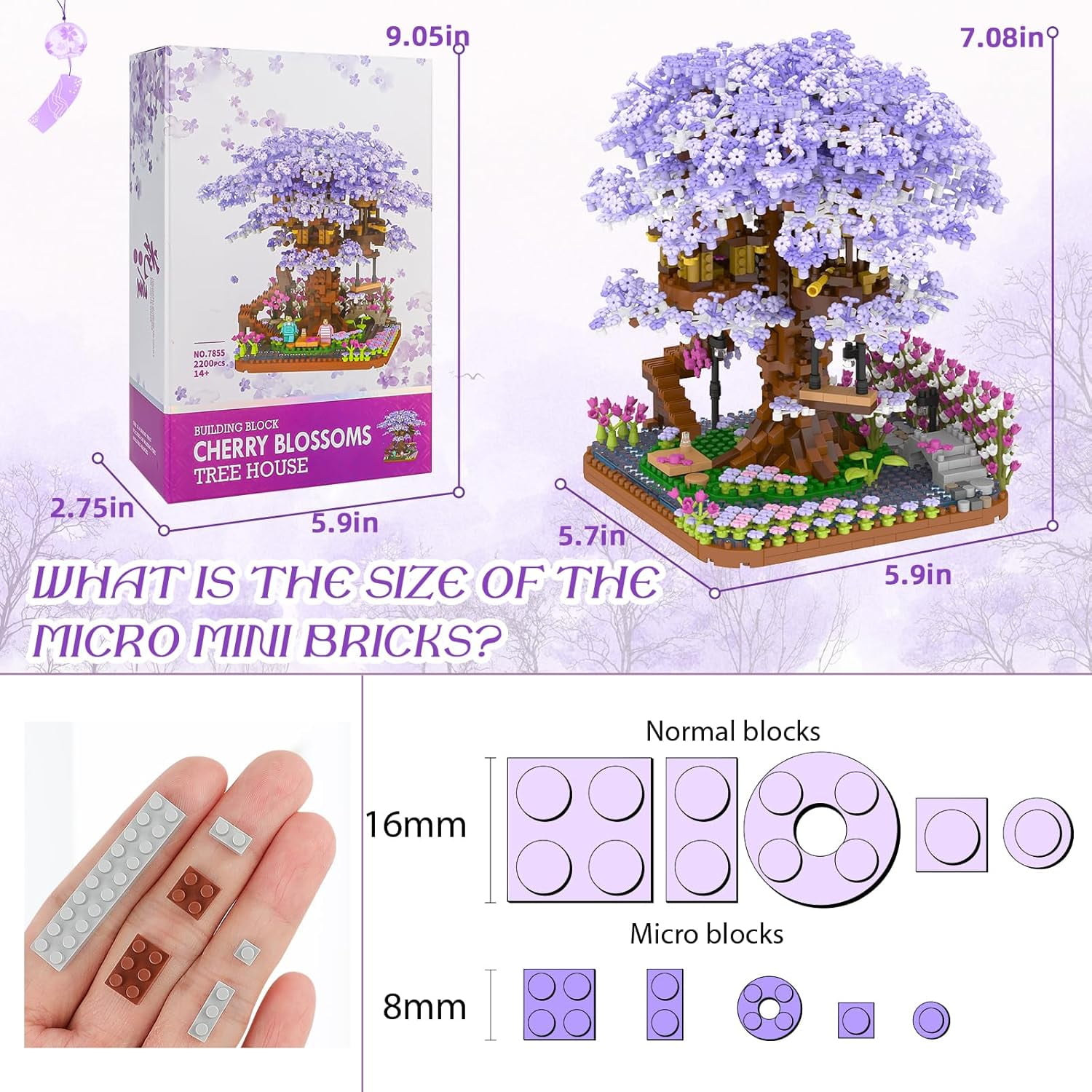 Cherry Blossom Bonsai Tree Mini Micro Building Set, Japanese Sakura Tree House Model Sets for Adults, Flowers House Mini Bricks Building Kit, Creative Gift Toys for Kids 12-14