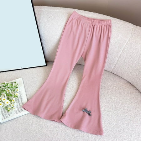 

ATOGUTA Girls Ribbed Flared Pants High Waisted Ruffle Leggings Bell Bottoms Pink Size 3T-9