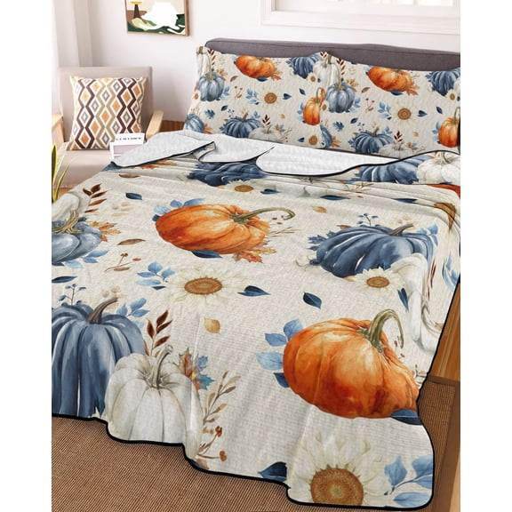 Fall Pumpkin Twin Size Down Alternative Comforter, Lightweight Comforter Quilt Bedding Set with Pillow Shams Thanksgiving Autumn Daisy Rustic Leaves Beige Bed Comforter Duvet Insert 68"x86"