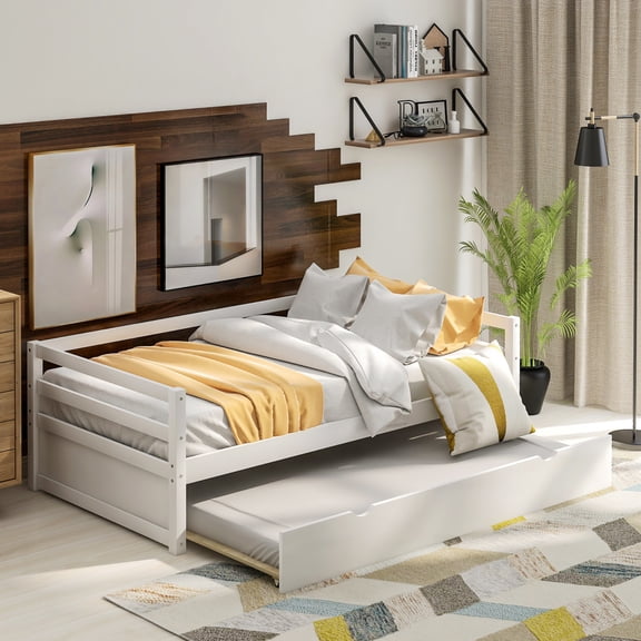 Noble House Twin Daybed with Hidden Rolling Trundle, Pine Wood Frame, Minimal Space Saving Design, White
