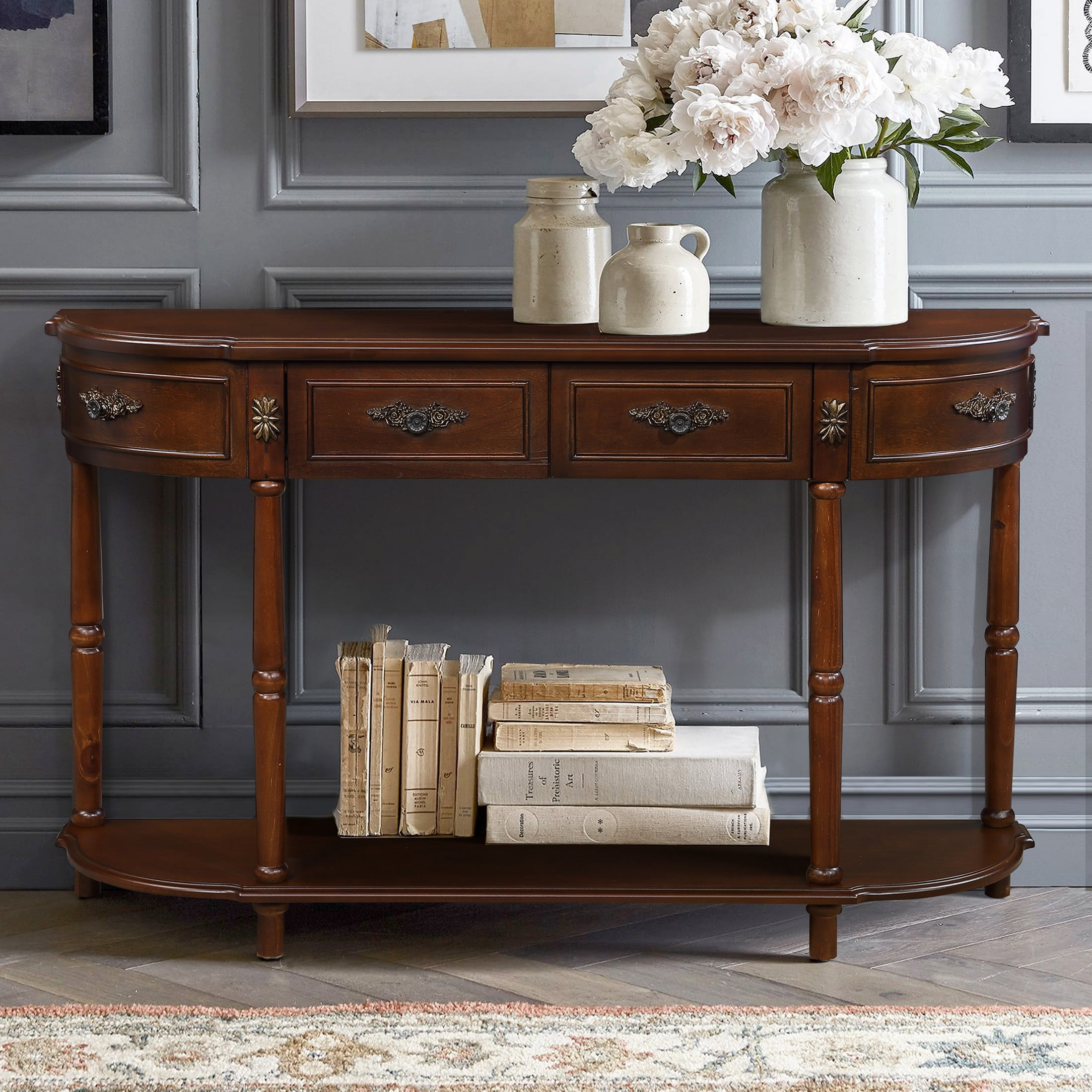 Aukfa Console Table, 52" Retro Half Moon Sofa Table with 2 Drawers and Shelf for Living Room/Hallway, Cherry