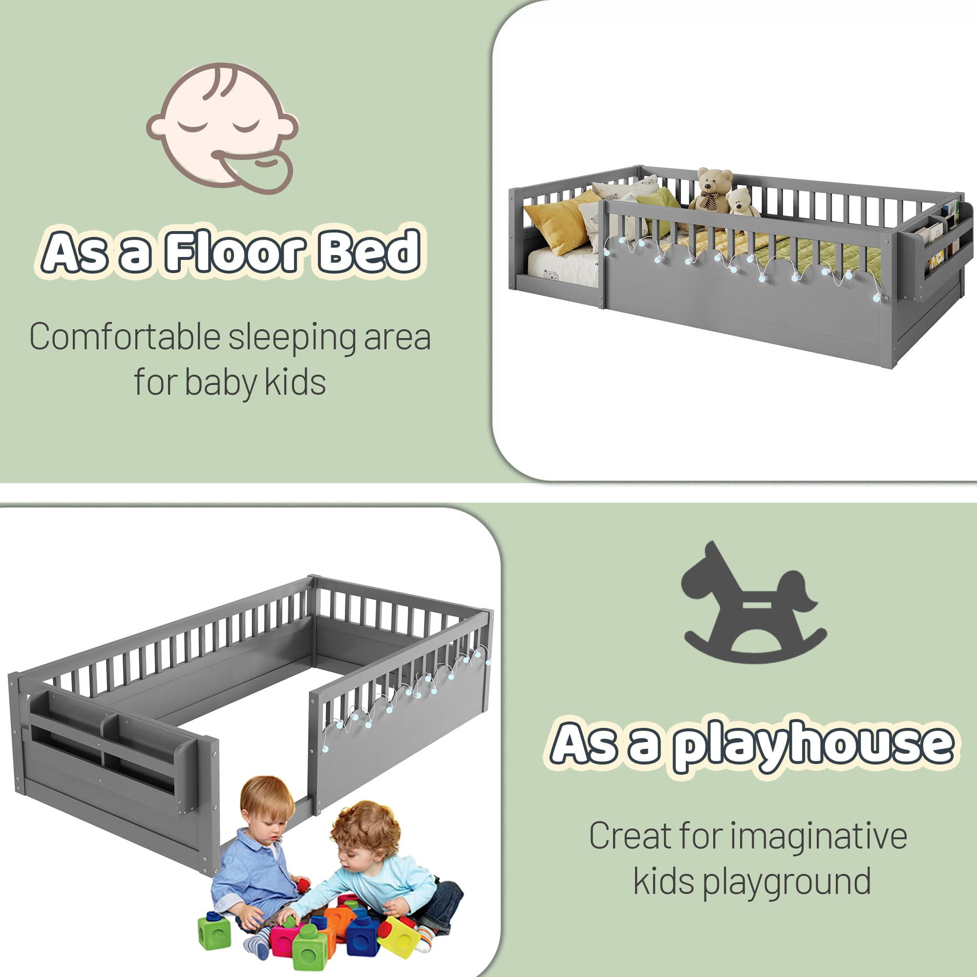 Mirightone Twin Montessori Floor Bed with  Rails and Storage Shelf, Wood Floor Bed Frame with Light for Boys Girls, Gray